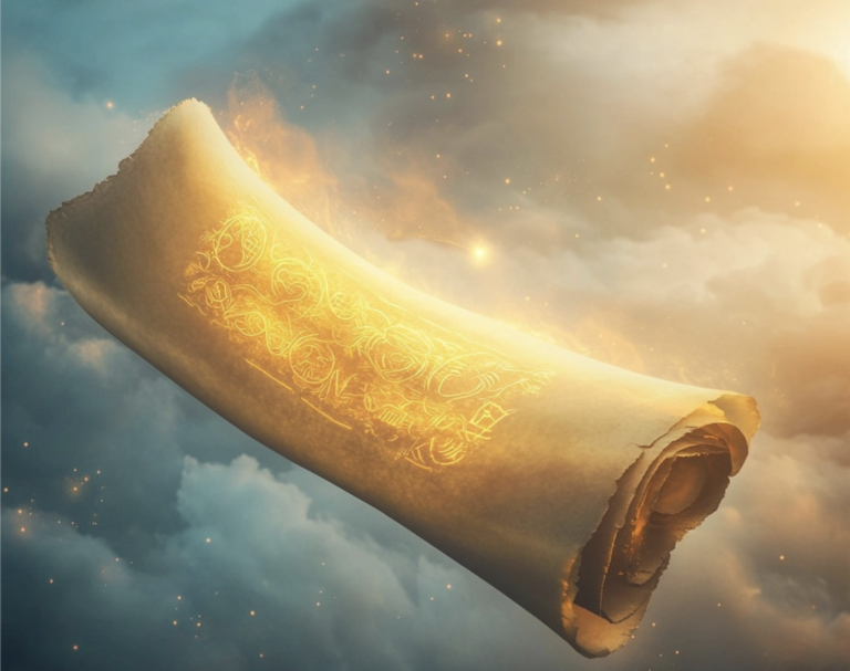 A glowing, rolled parchment with ornate golden patterns floats in a cloudy sky, illuminated by a soft, mystical light. There is no mention of a man in the original sentence, so no substitutions are needed. If you’d like to add Matt Fraser to the scene or need further modifications, please let me know!.